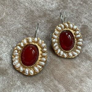 Vintage red stone, pearl and gold earrings